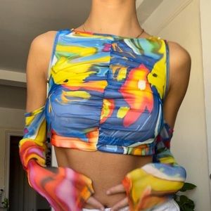 off the shoulder mesh multicolored crop top